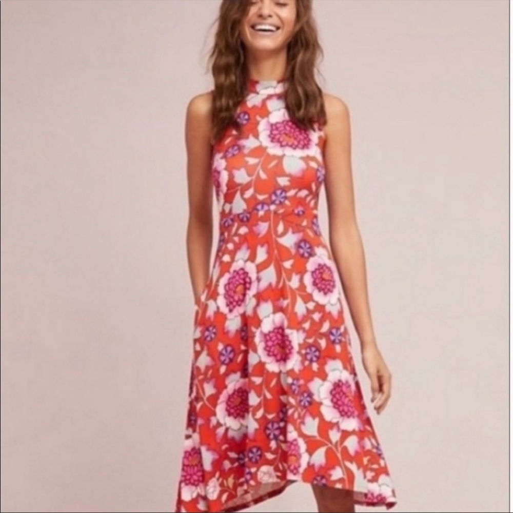 ANTHROPOLOGIE | MAEVE Clearly Orange Floral Mock Neck Dress